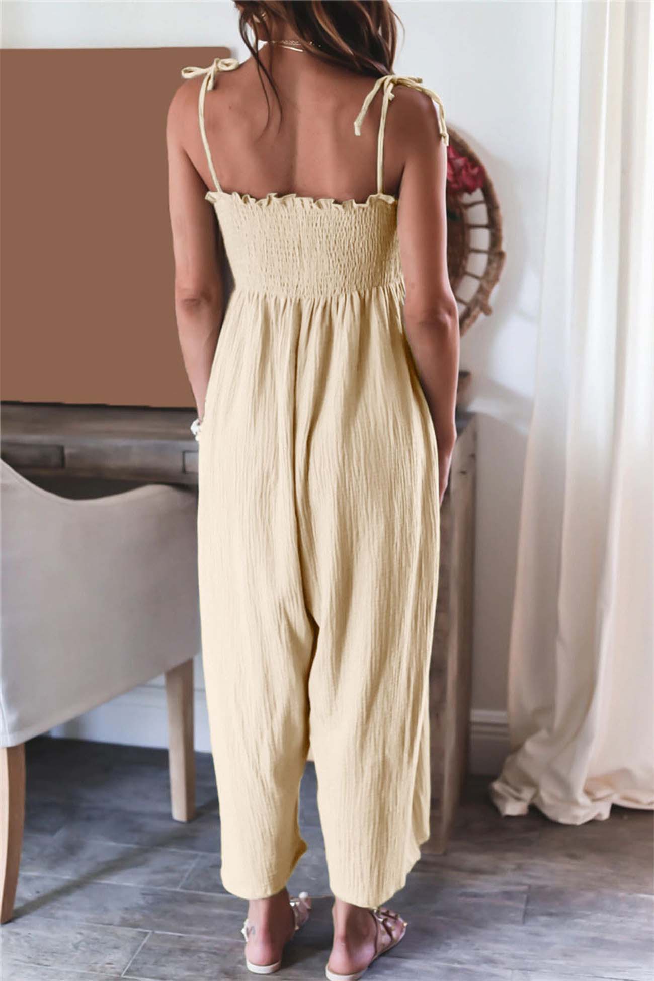 Solid Color Sleeveless Smocked Jumpsuit