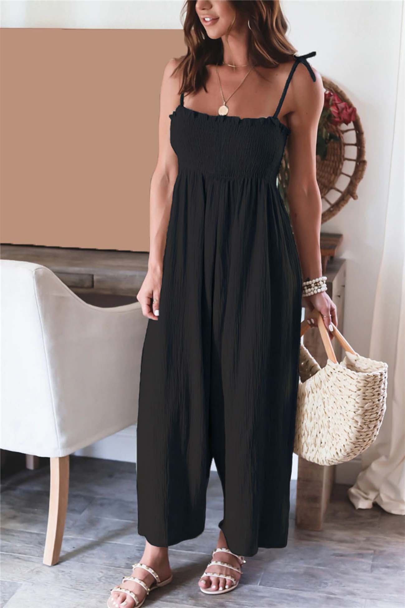 Solid Color Sleeveless Smocked Jumpsuit