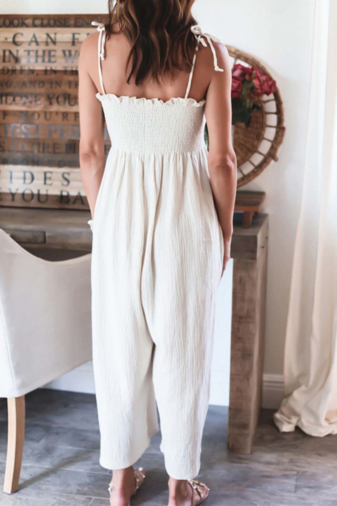 Solid Color Sleeveless Smocked Jumpsuit