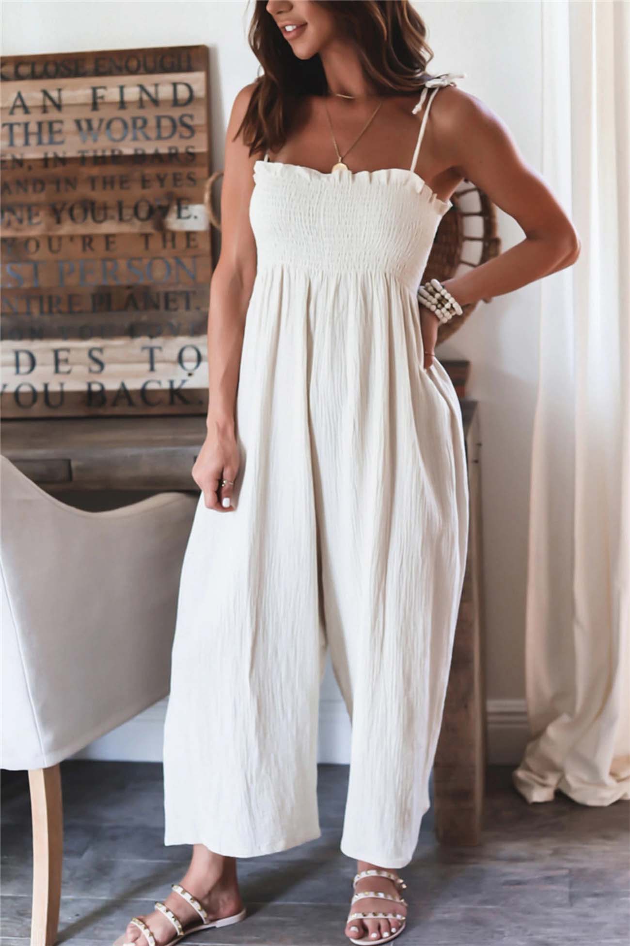 Solid Color Sleeveless Smocked Jumpsuit