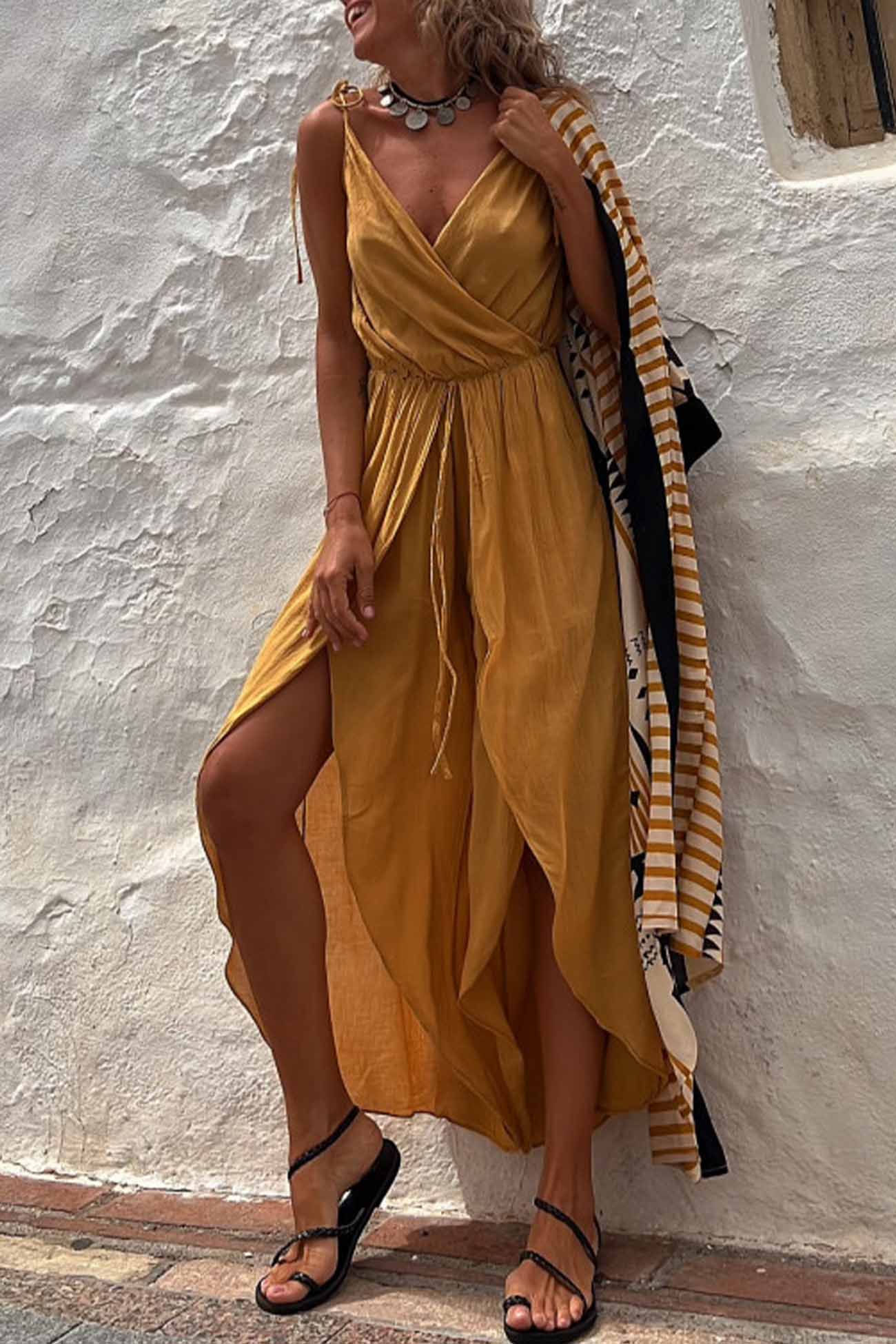 Solid Color V Neck Sleeveless Slit Jumpsuit