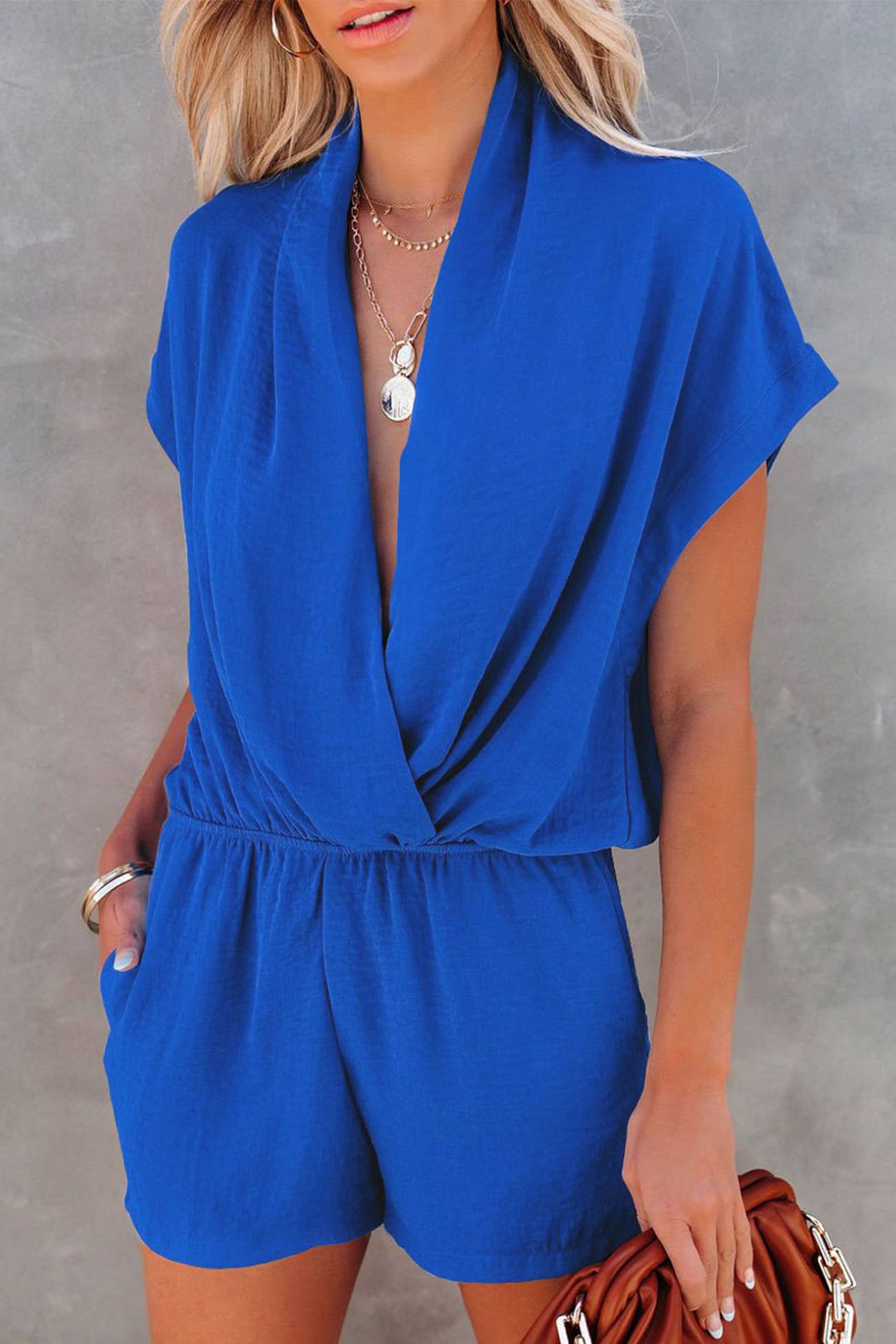 Solid Plunge Neck Short Sleeve Rompers