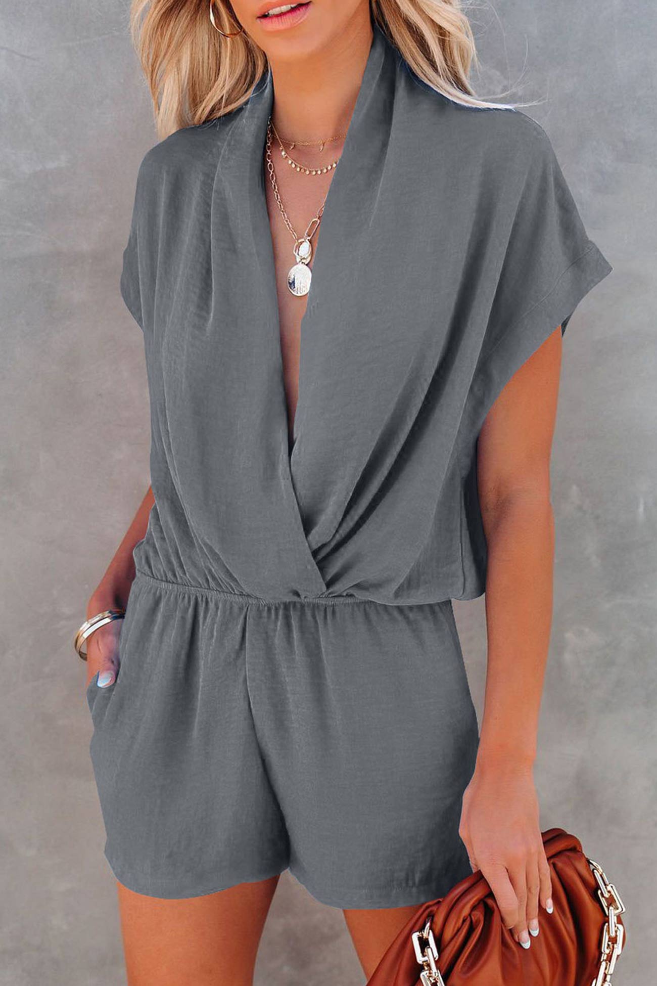 Solid Plunge Neck Short Sleeve Rompers