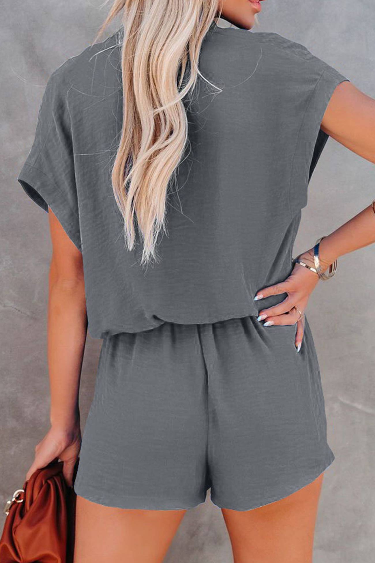 Solid Plunge Neck Short Sleeve Rompers