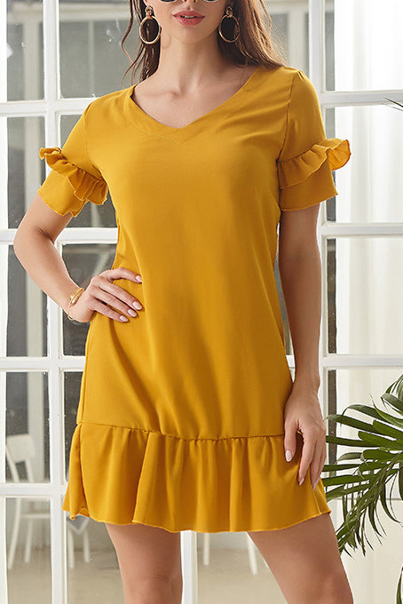 Solid Ruffled Trim Chiffon Dress - Mislish