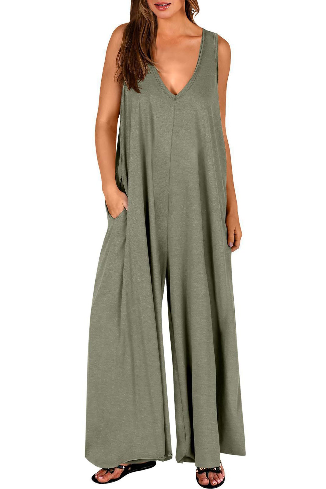 Solid V Neck Pocket Wide Leg Jumpsuits