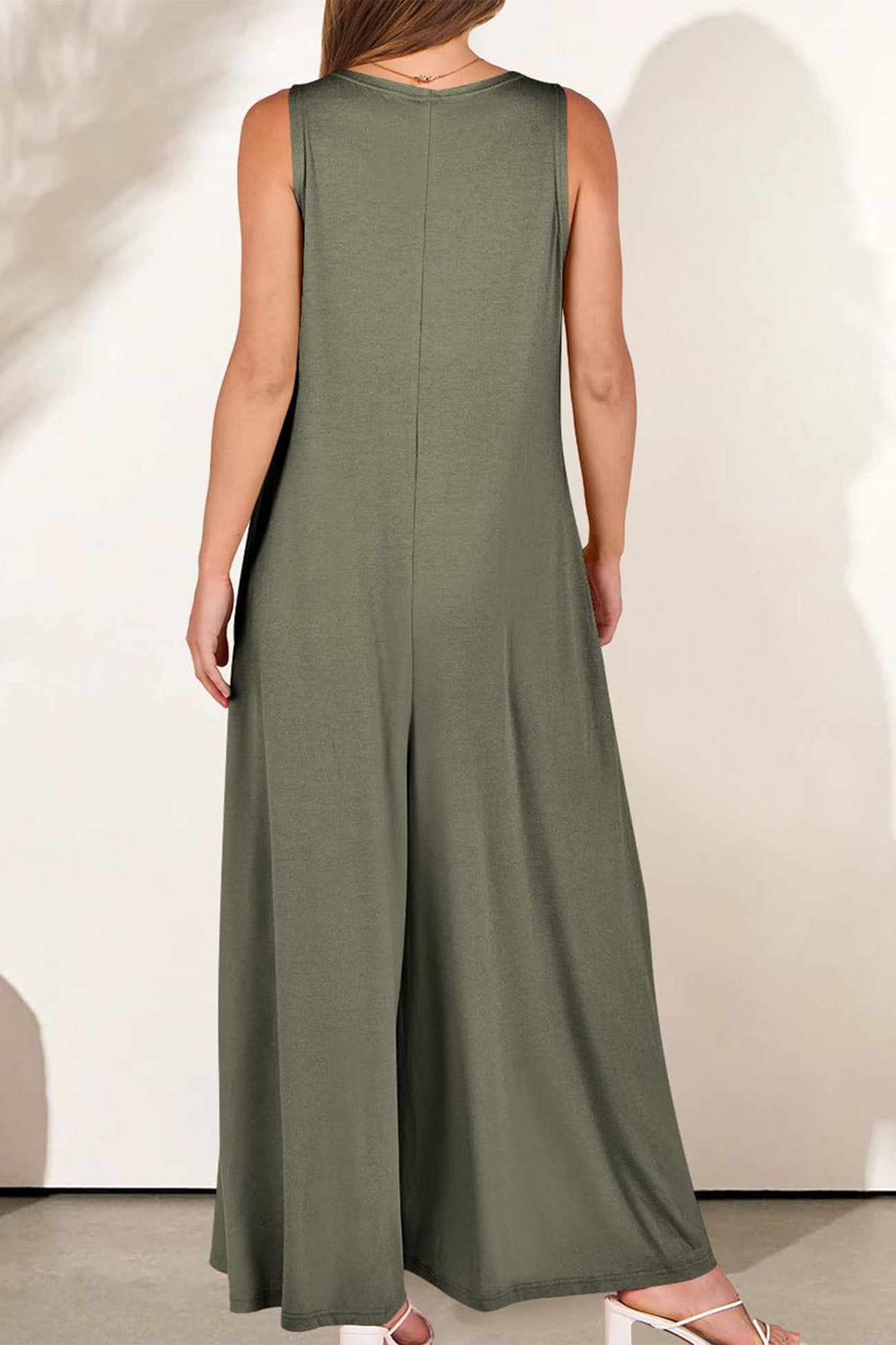 Solid V Neck Pocket Wide Leg Jumpsuits