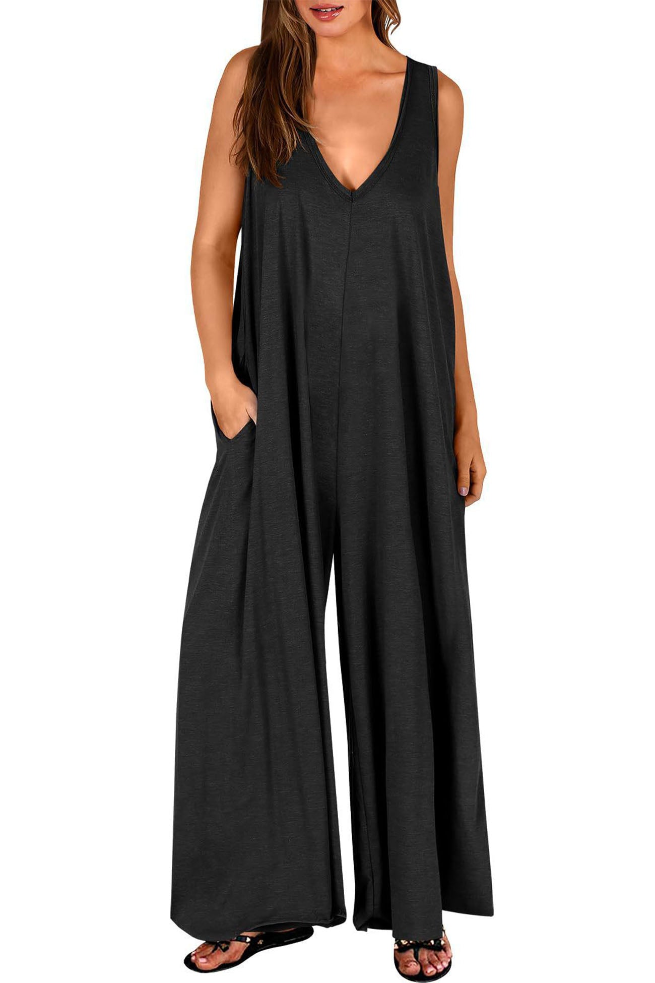 Solid V Neck Pocket Wide Leg Jumpsuits