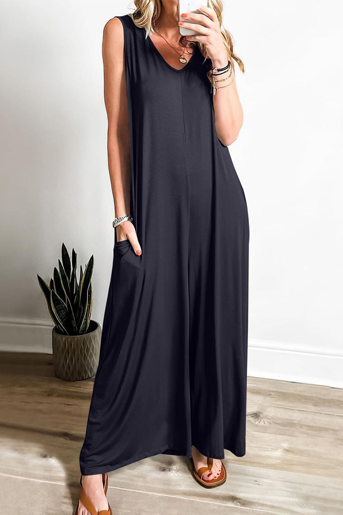 Solid V Neck Pocket Wide Leg Jumpsuits