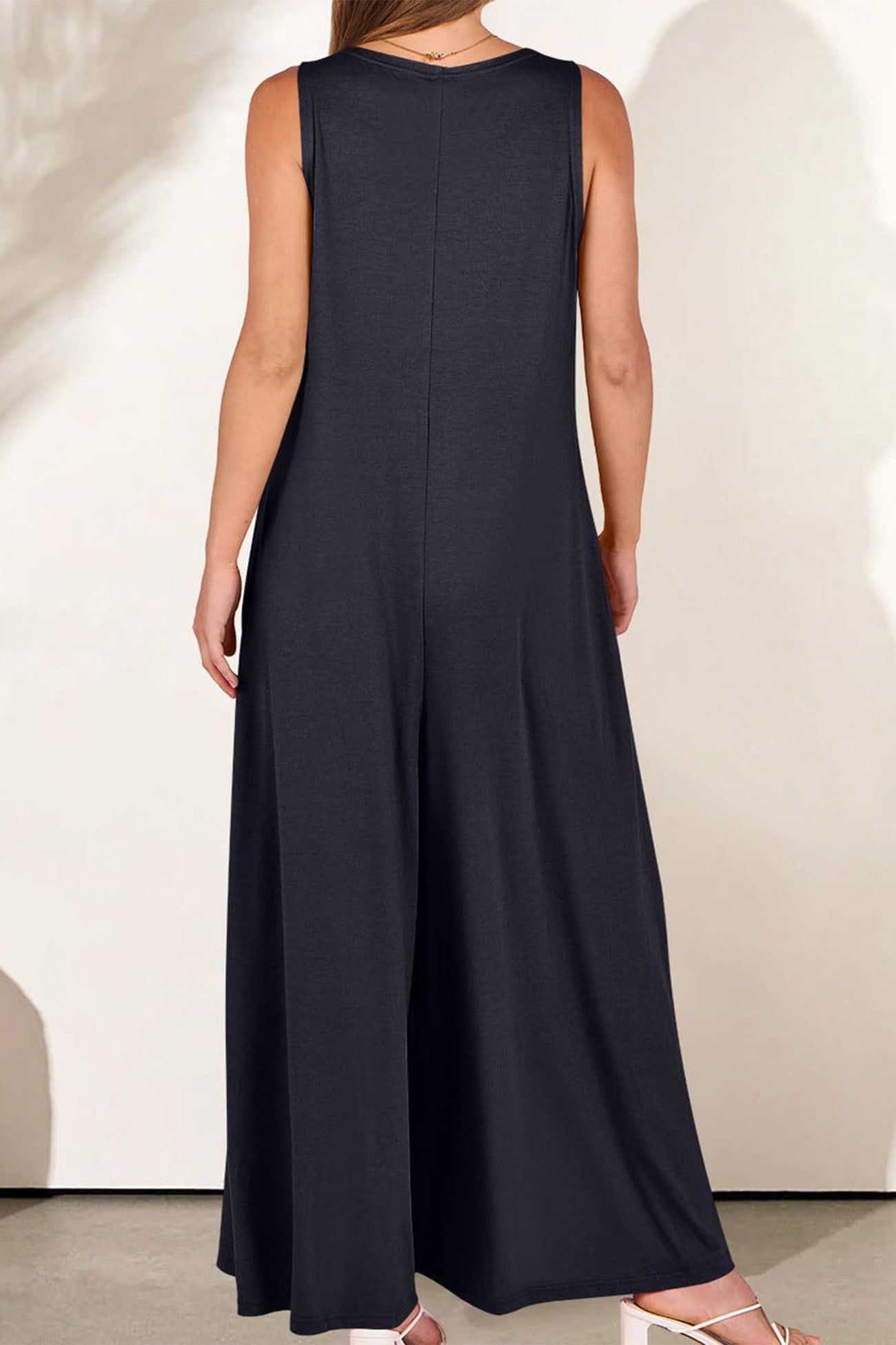 Solid V Neck Pocket Wide Leg Jumpsuits