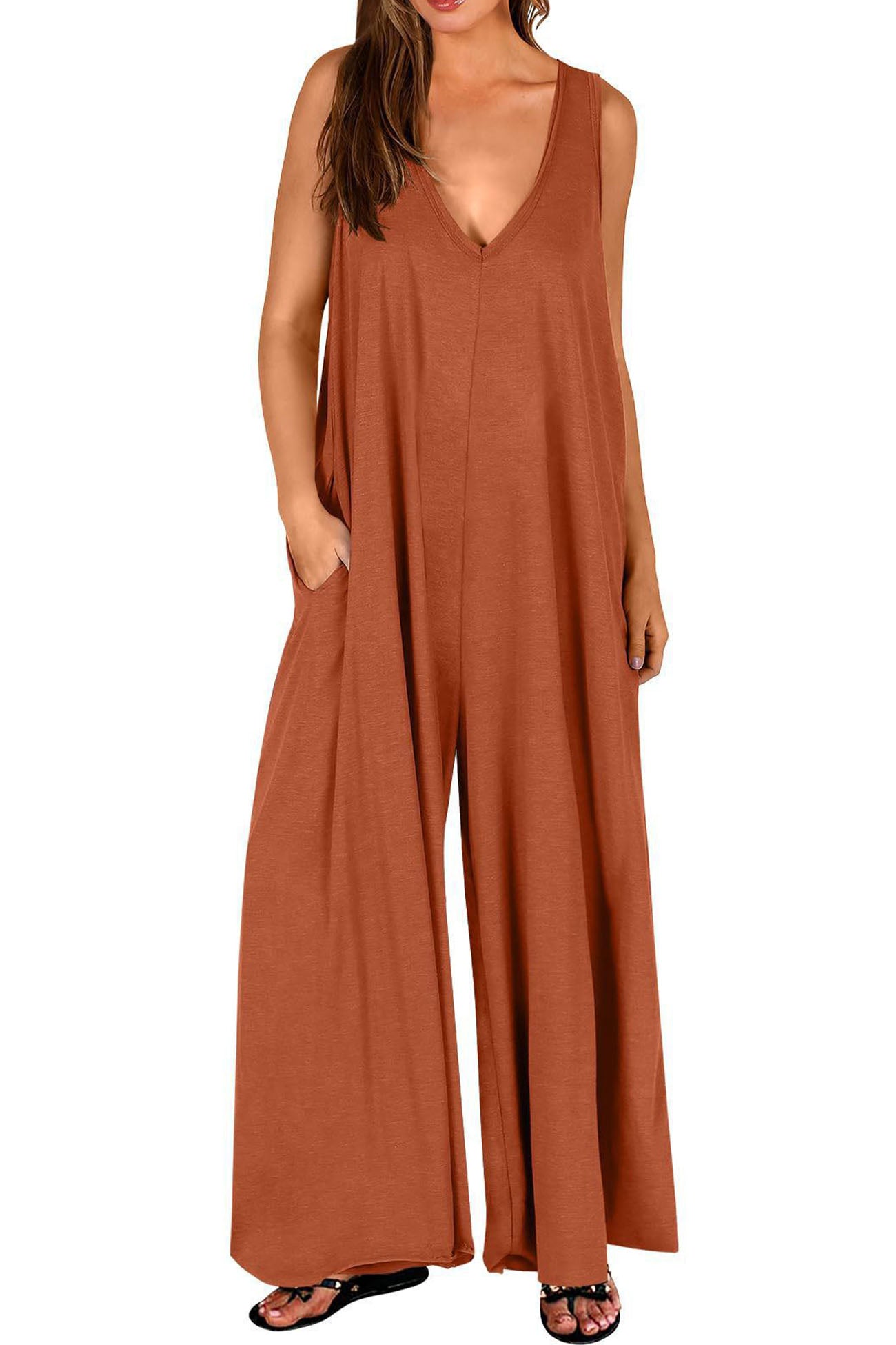 Solid V Neck Pocket Wide Leg Jumpsuits