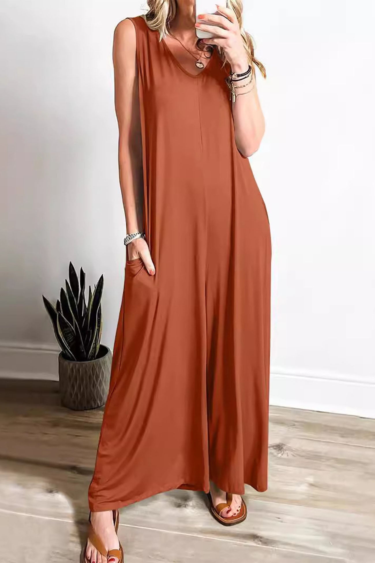 Solid V Neck Pocket Wide Leg Jumpsuits