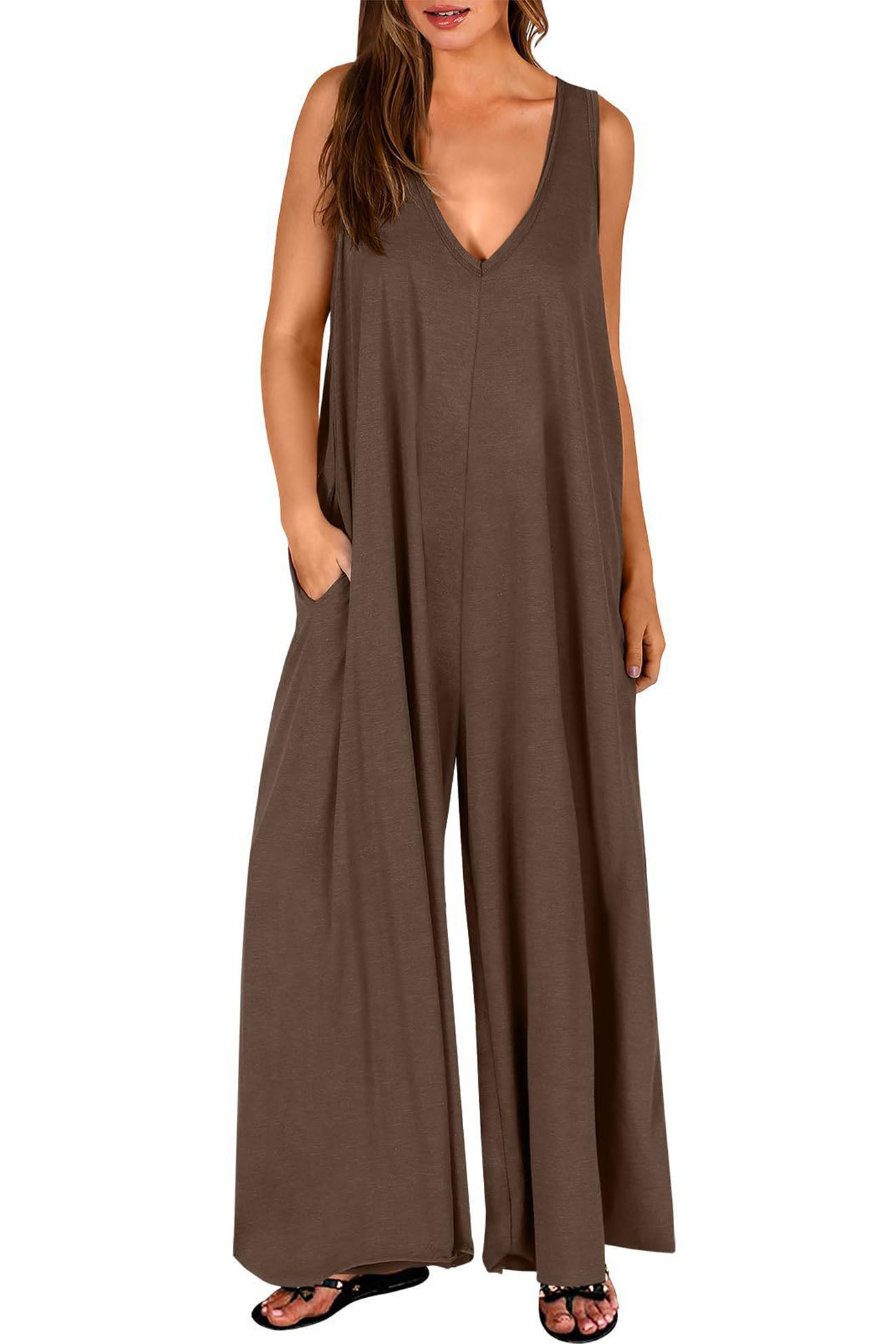 Solid V Neck Pocket Wide Leg Jumpsuits