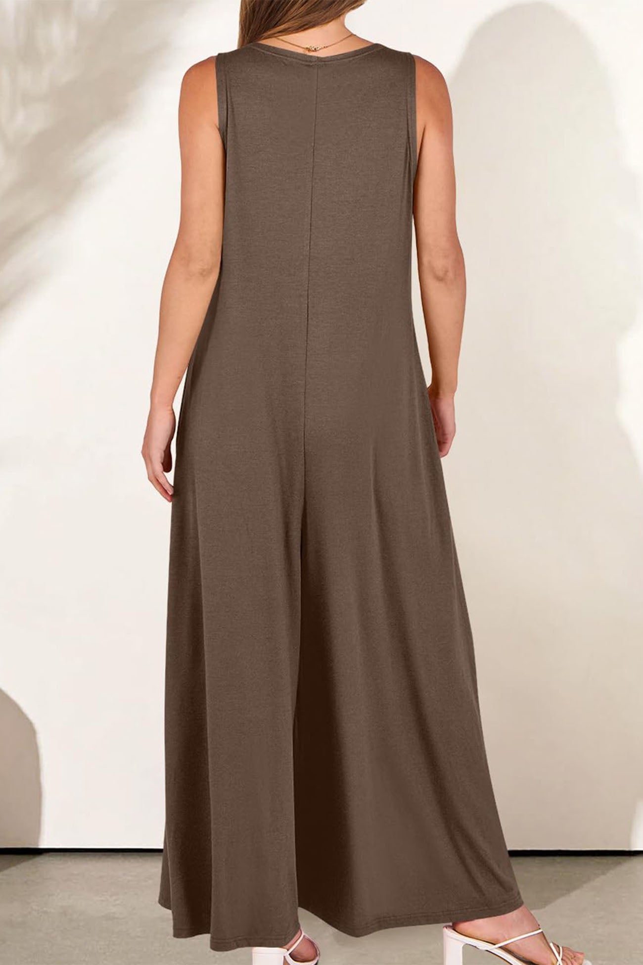 Solid V Neck Pocket Wide Leg Jumpsuits