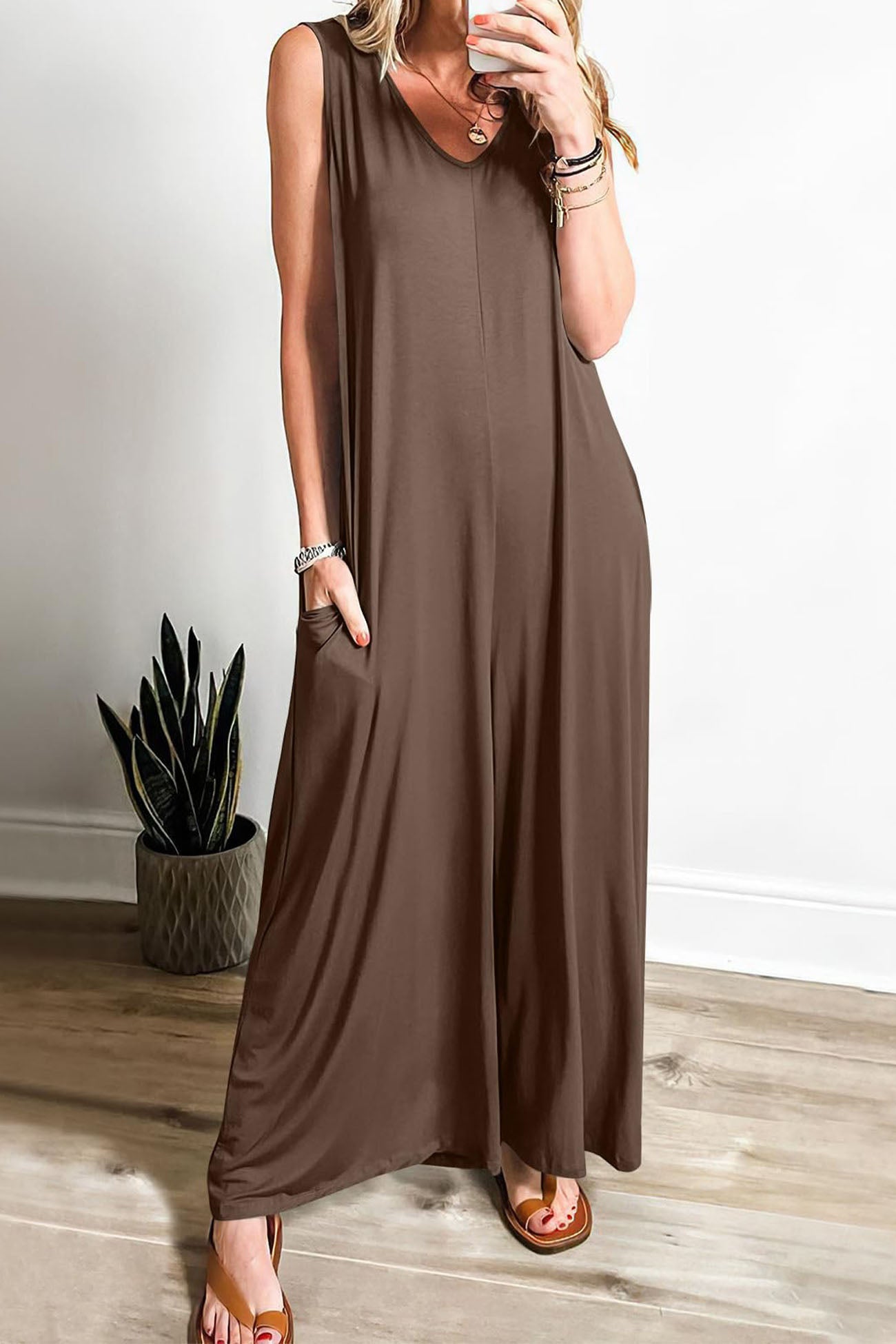 Solid V Neck Pocket Wide Leg Jumpsuits