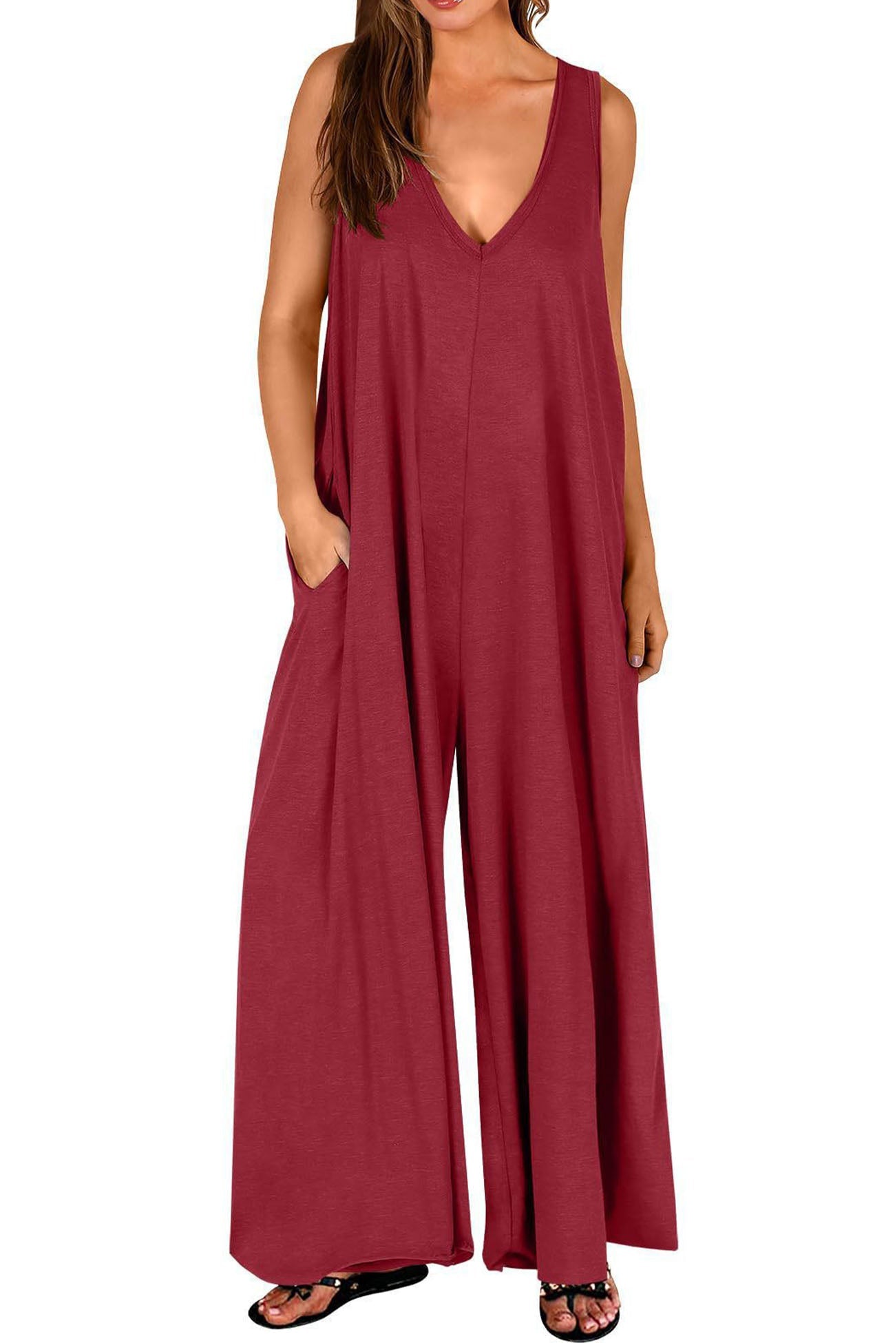 Solid V Neck Pocket Wide Leg Jumpsuits