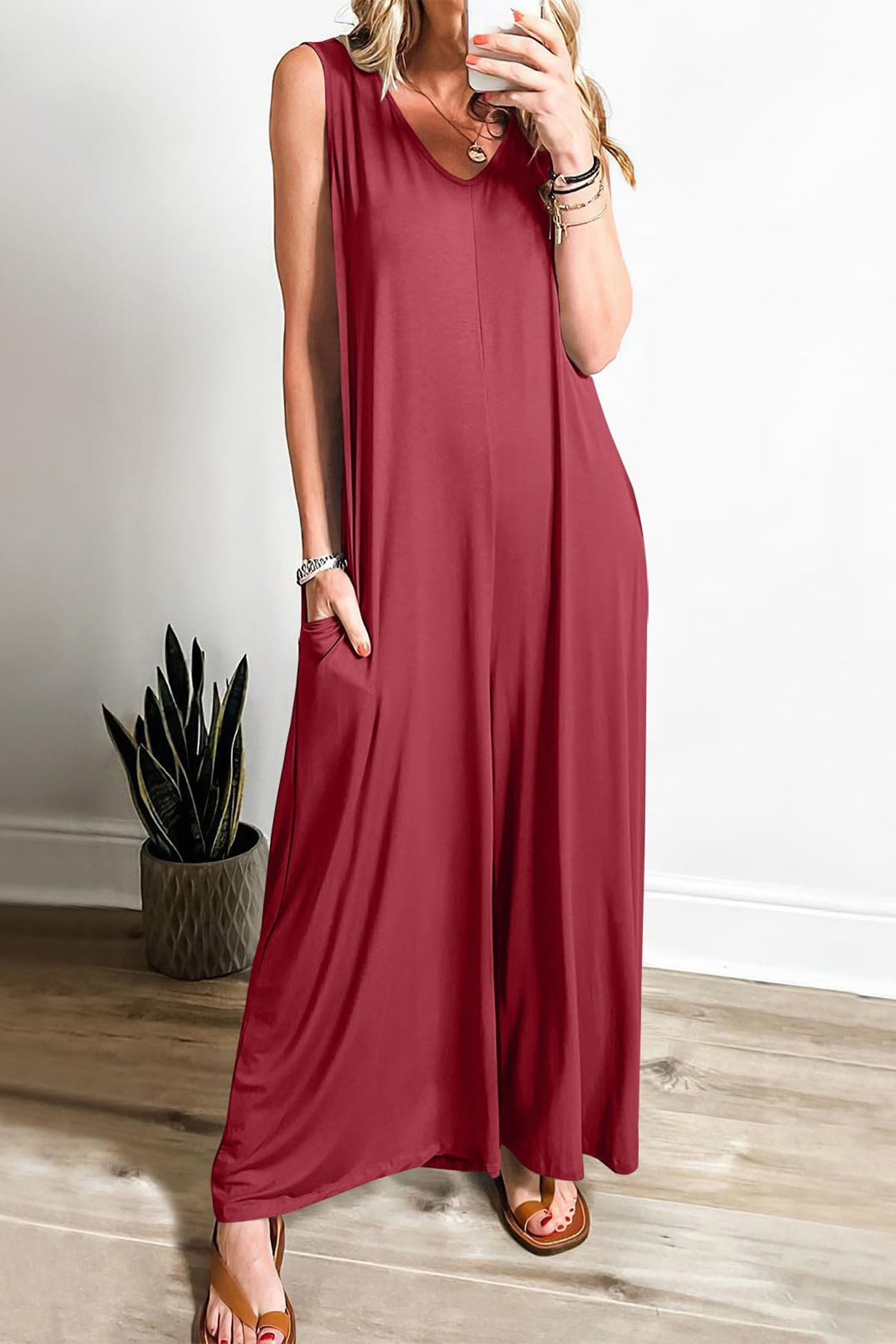 Solid V Neck Pocket Wide Leg Jumpsuits