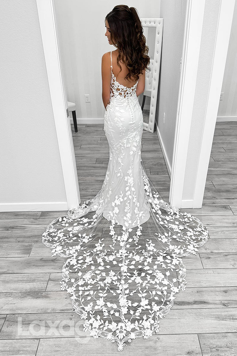 22363 - Spaghetti Straps Appliques Tulle illusion Mermaid Wedding Dress with Train - Fashionpara