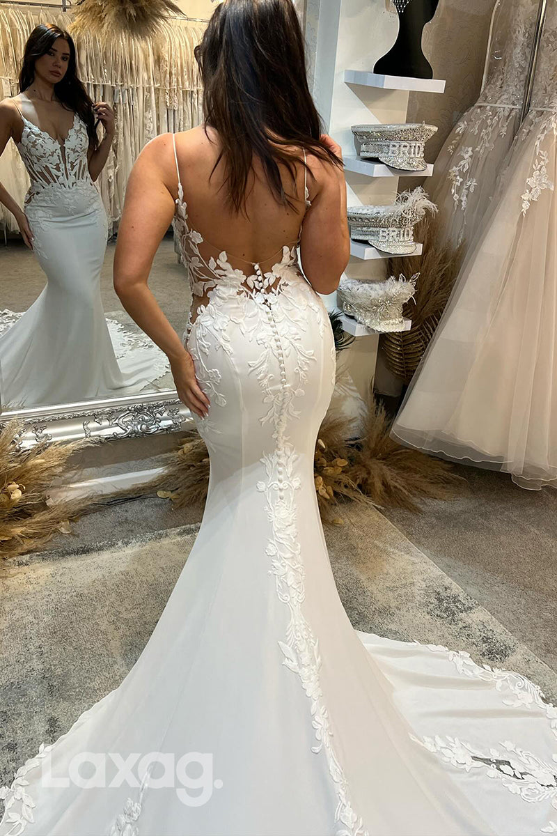 22369 - Spaghetti Straps Backless Appliques Mermaid Wedding Dress with Train - Fashionpara