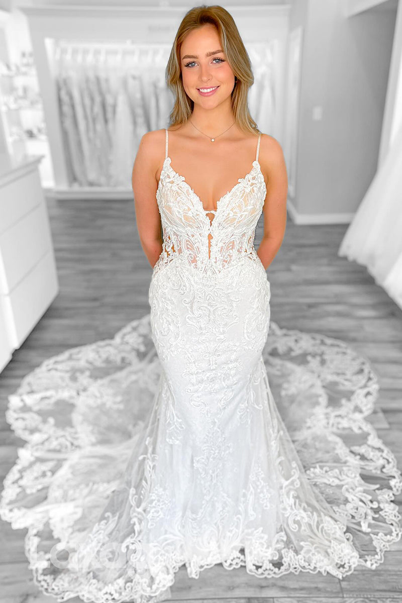 22364 - Spaghetti Straps Backless Appliques Tulle illusion Mermaid Wedding Dress with Train - Fashionpara