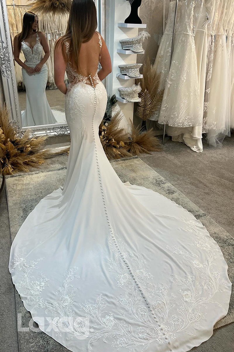 22366 - Spaghetti Straps Backless Appliques Tulle Mermaid Wedding Dress with Train - Fashionpara