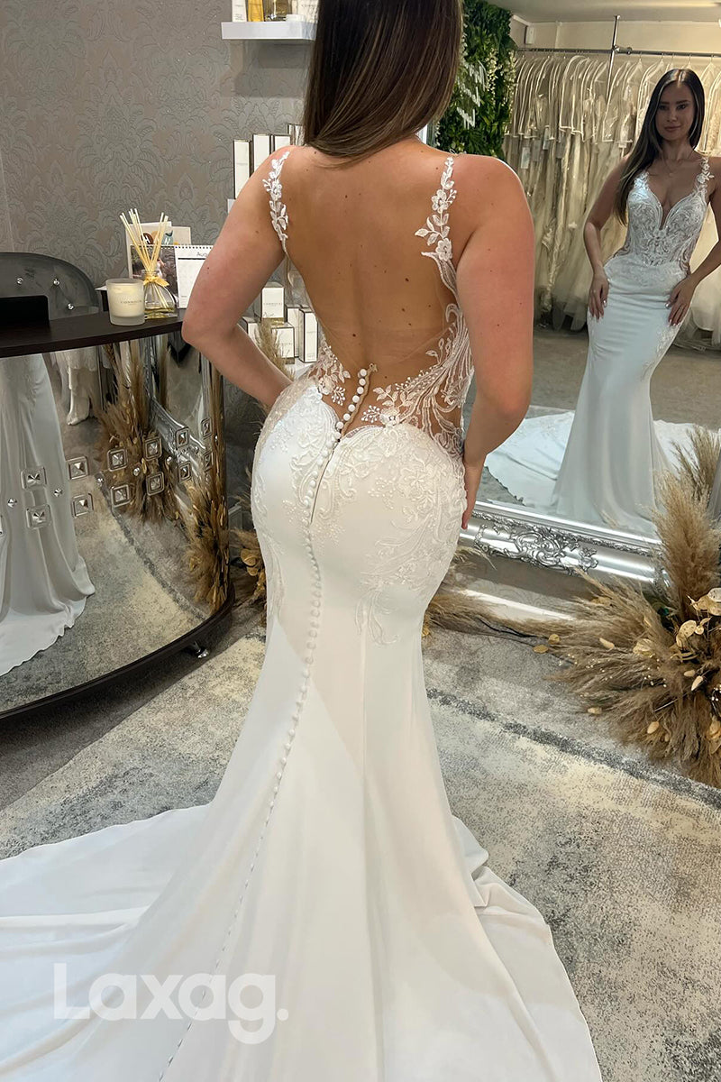 22366 - Spaghetti Straps Backless Appliques Tulle Mermaid Wedding Dress with Train - Fashionpara