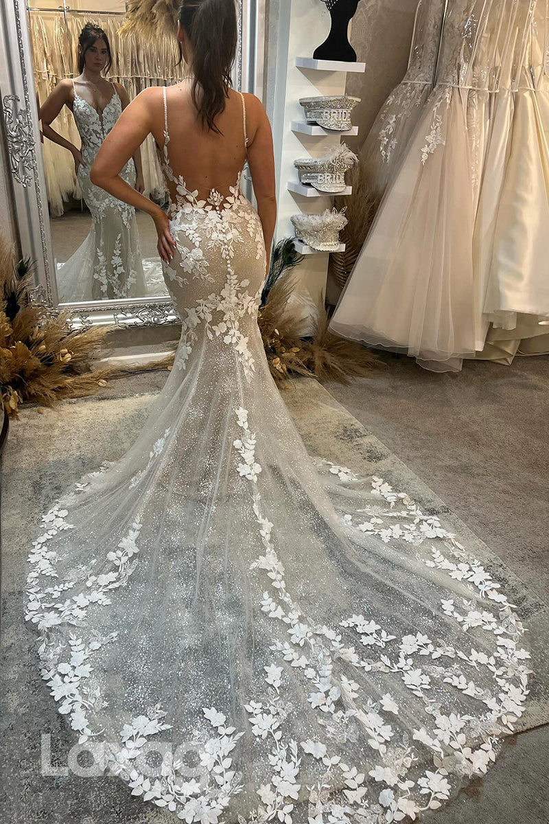 22367 - Spaghetti Straps Backless Appliques Tulle Sequins Mermaid Wedding Dress with Train - Fashionpara