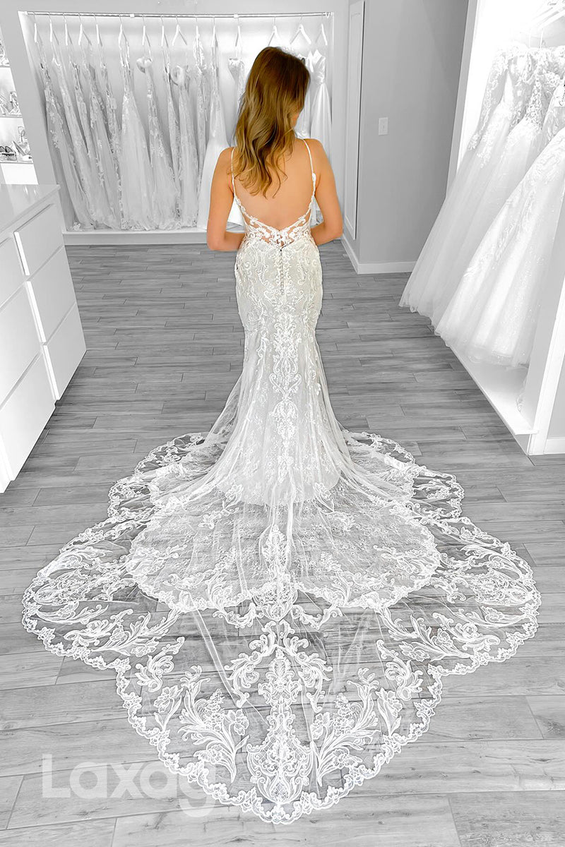 22364 - Spaghetti Straps Backless Appliques Tulle illusion Mermaid Wedding Dress with Train - Fashionpara