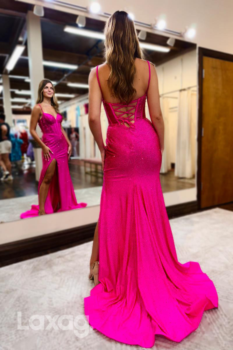 22318 - Spaghetti Straps Backless Fully Sequins High Slit Mermaid Prom Dress with Train - Fashionpara