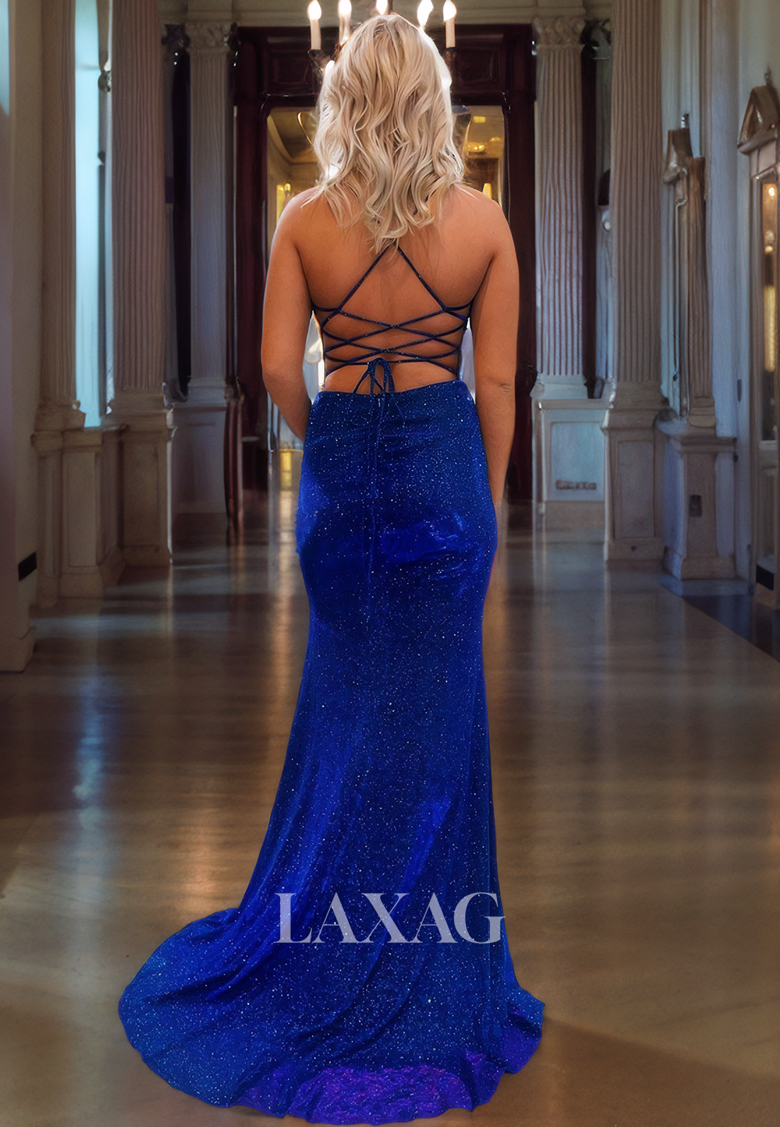 Spaghetti Straps Backless Fully Sequins High Slit Party Prom Formal Evening Dress - Fashionpara