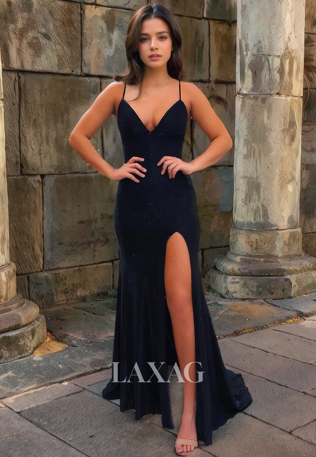 Spaghetti Straps Backless Fully Sequins High Slit Party Prom Formal Evening Dress - Fashionpara