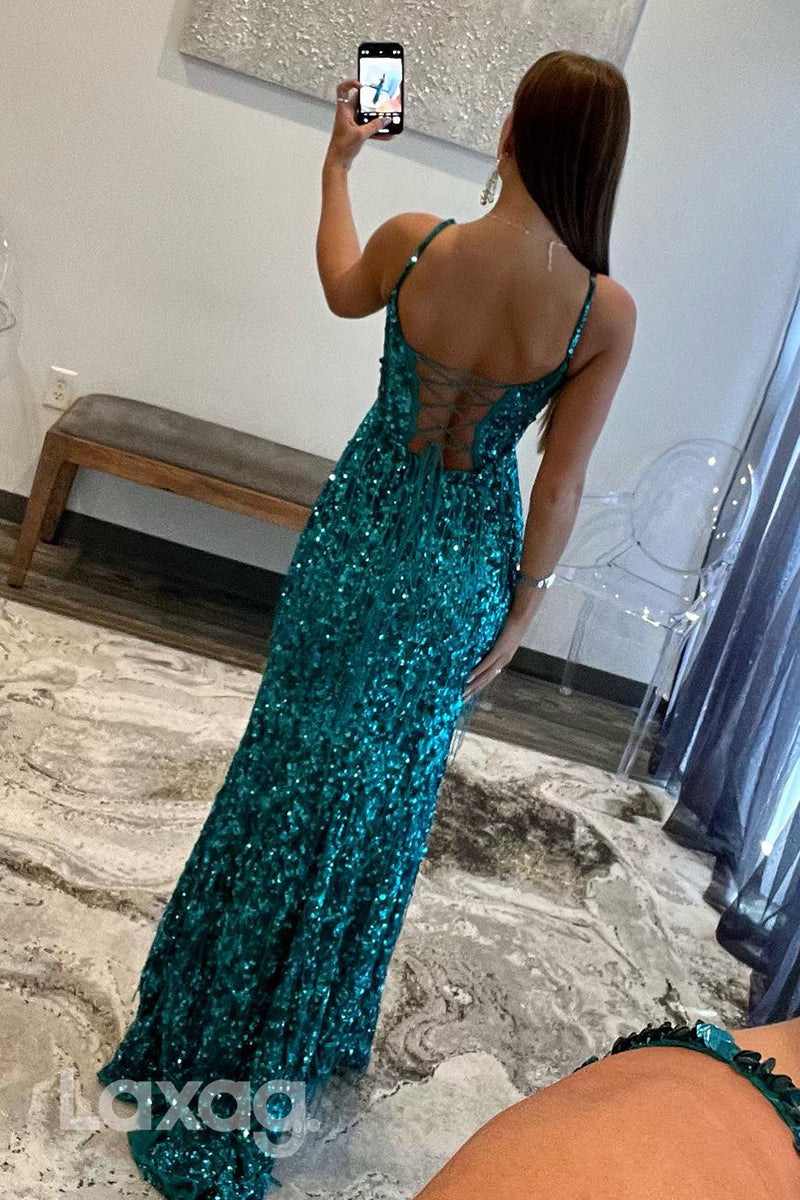 22268 - Spaghetti Straps Backless Fully Sequins High Slit Party Prom Formal Evening Dress - Fashionpara