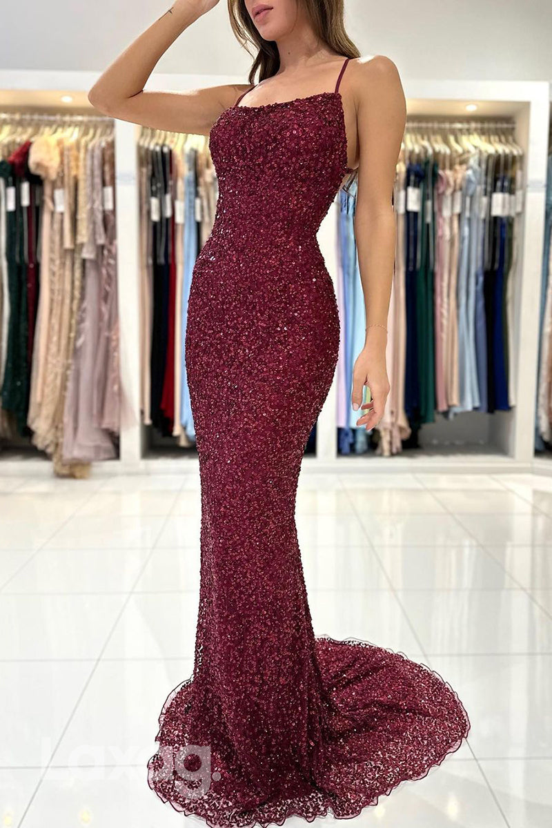 22264 - Spaghetti Straps Backless Fully Sequins Mermaid Party Prom Formal Evening Dress - Fashionpara