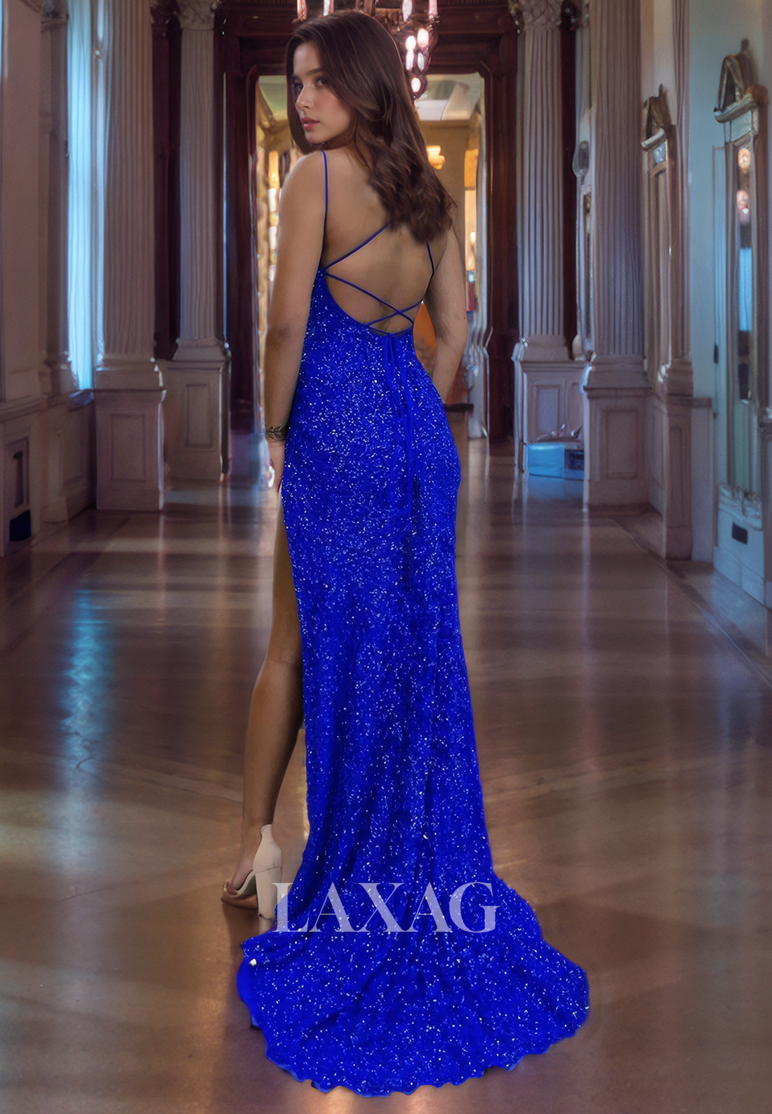 Spaghetti Straps Backless High Slit Fully Sequins Party Prom Formal Evening Dress - Fashionpara