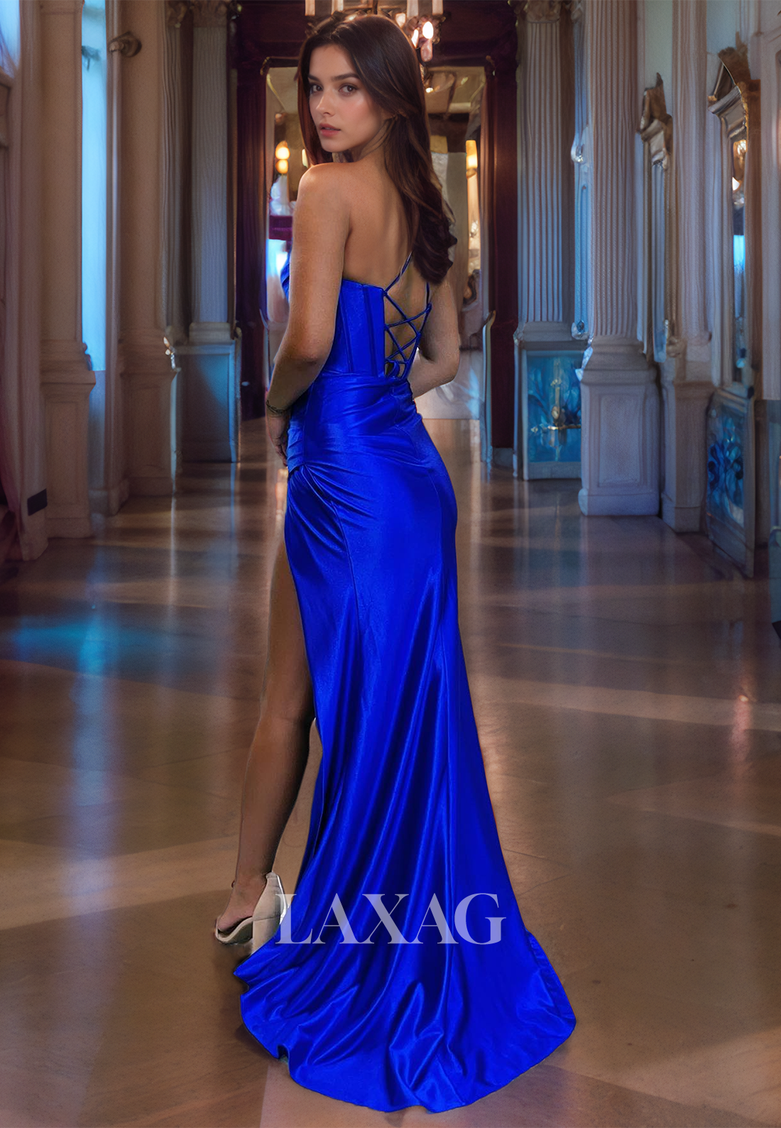 Spaghetti Straps Backless High Slit Sleek Satin Party Prom Formal Evening Dress - Fashionpara