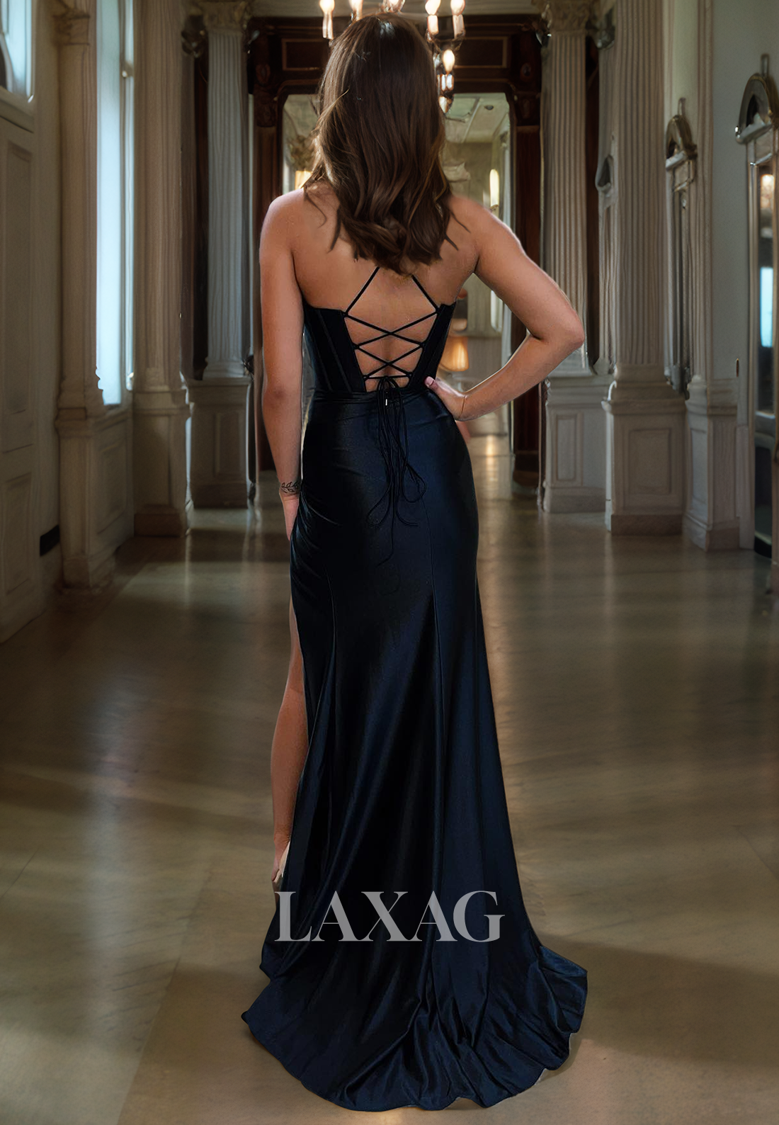 Spaghetti Straps Backless High Slit Sleek Satin Party Prom Formal Evening Dress - Fashionpara