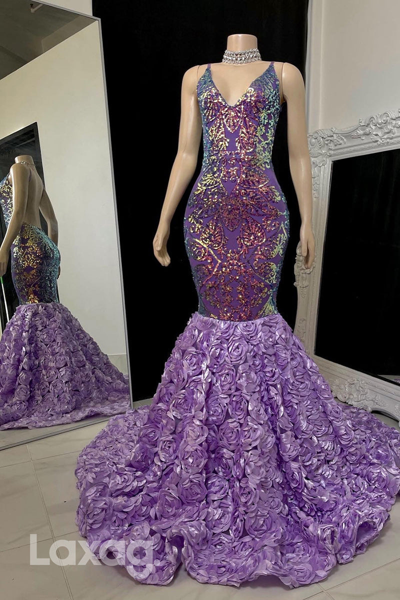 22579 - Spaghetti Straps Backless Sequins Appliques Mermaid Prom Dresses for Black Girl Slay - Fashionpara