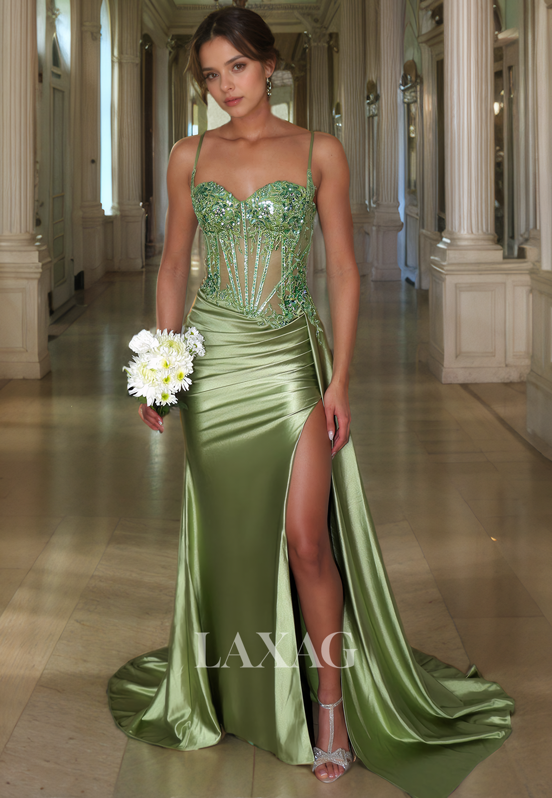 Spaghetti Straps Beaded Mermaid Party Prom Formal Evening Dress with Slit - Fashionpara