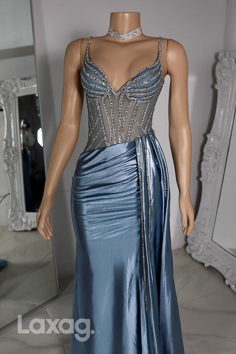 22394 - Spaghetti Straps Beaded Sleek Satin Mermaid Prom Dresses for Black Girl Slay - Fashionpara