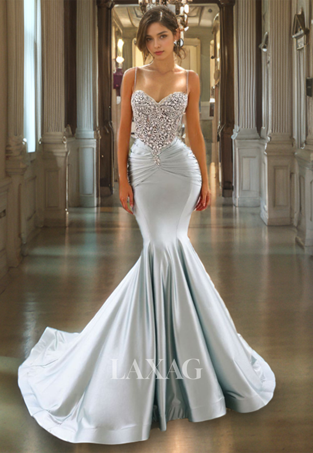 22272 - Spaghetti Straps Beaded Sleek Satin Mermaid Party Prom Formal Evening Dress - Fashionpara