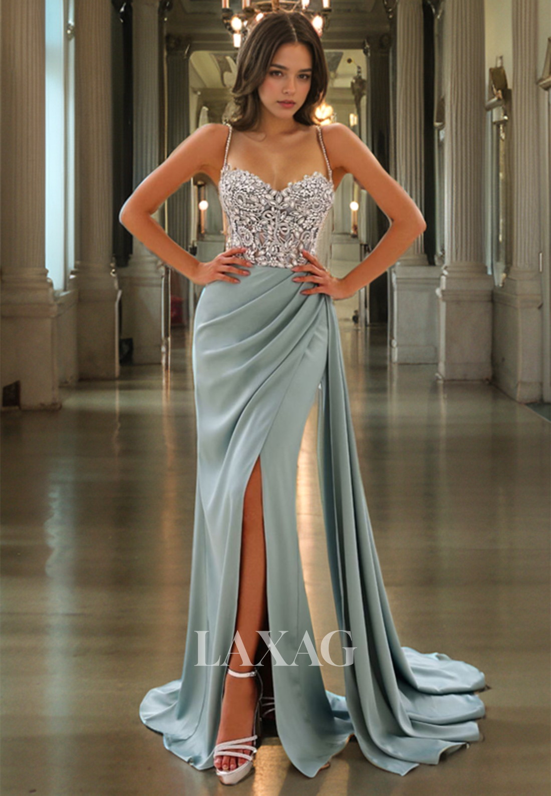 Spaghetti Straps Beaded Sleek Satin Party Prom Formal Evening Dress with Slit - Fashionpara