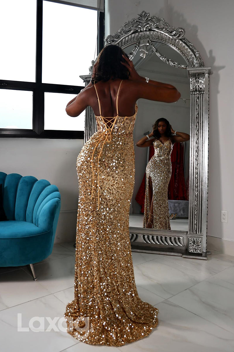 22393 - Spaghetti Straps Corset Fully Sequins Appliques High Slit Mermaid Prom Dresses for Black Girl Slay - Fashionpara