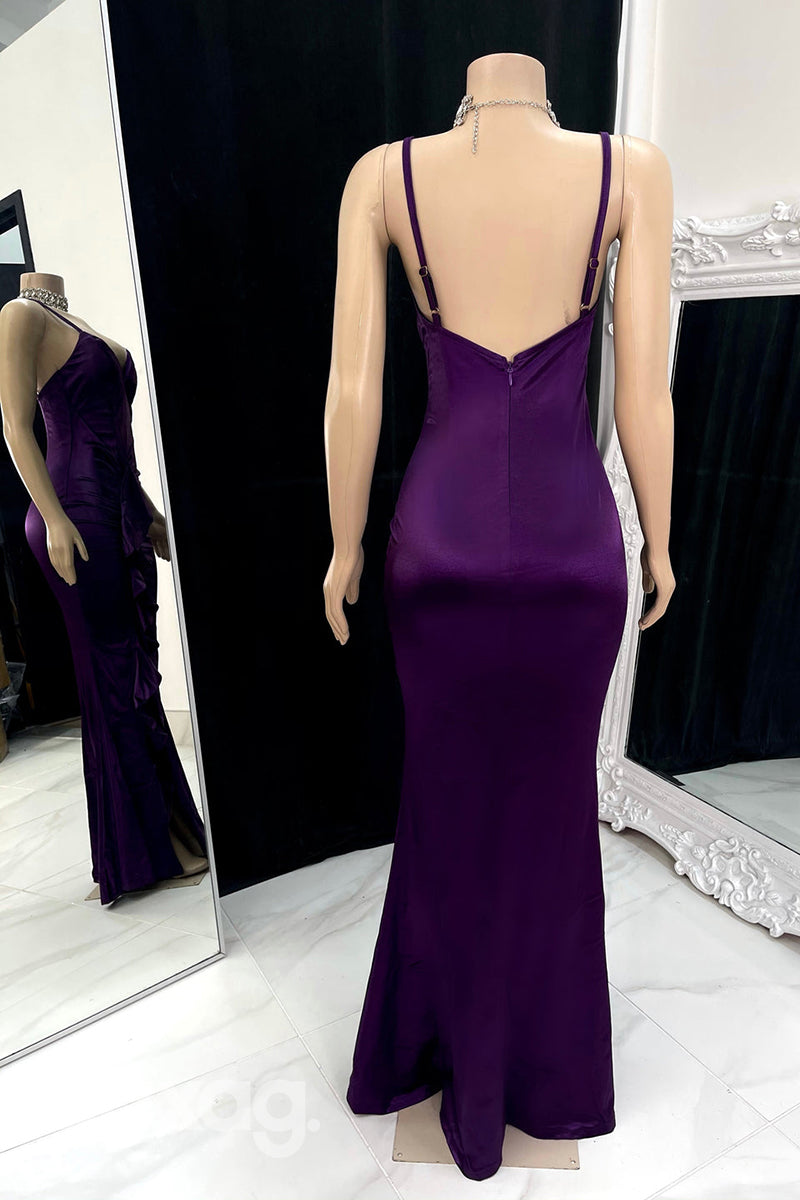 22584 - Spaghetti Straps Draped Sleek Satin Prom Dresses for Black Girl Slay with Slit - Fashionpara