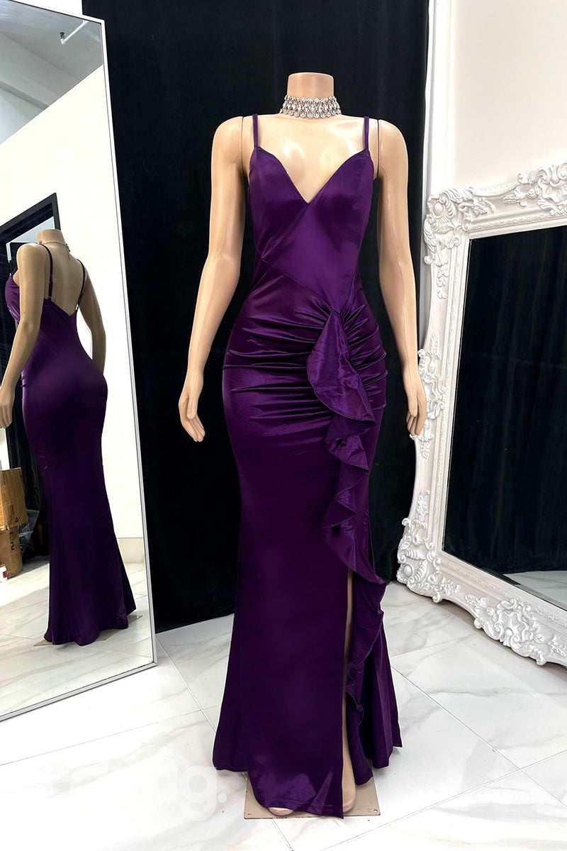 22584 - Spaghetti Straps Draped Sleek Satin Prom Dresses for Black Girl Slay with Slit - Fashionpara