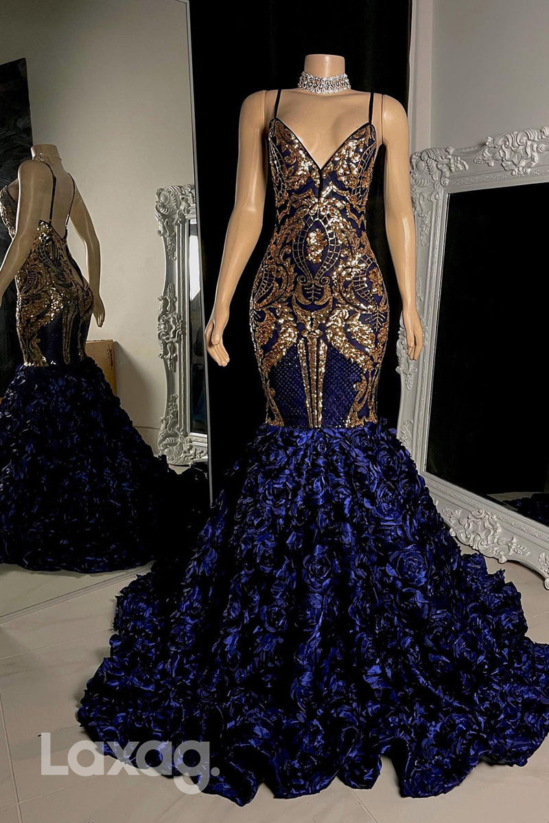 22578 - Spaghetti Straps Sequins Appliques Mermaid Prom Dresses for Black Girl Slay - Fashionpara