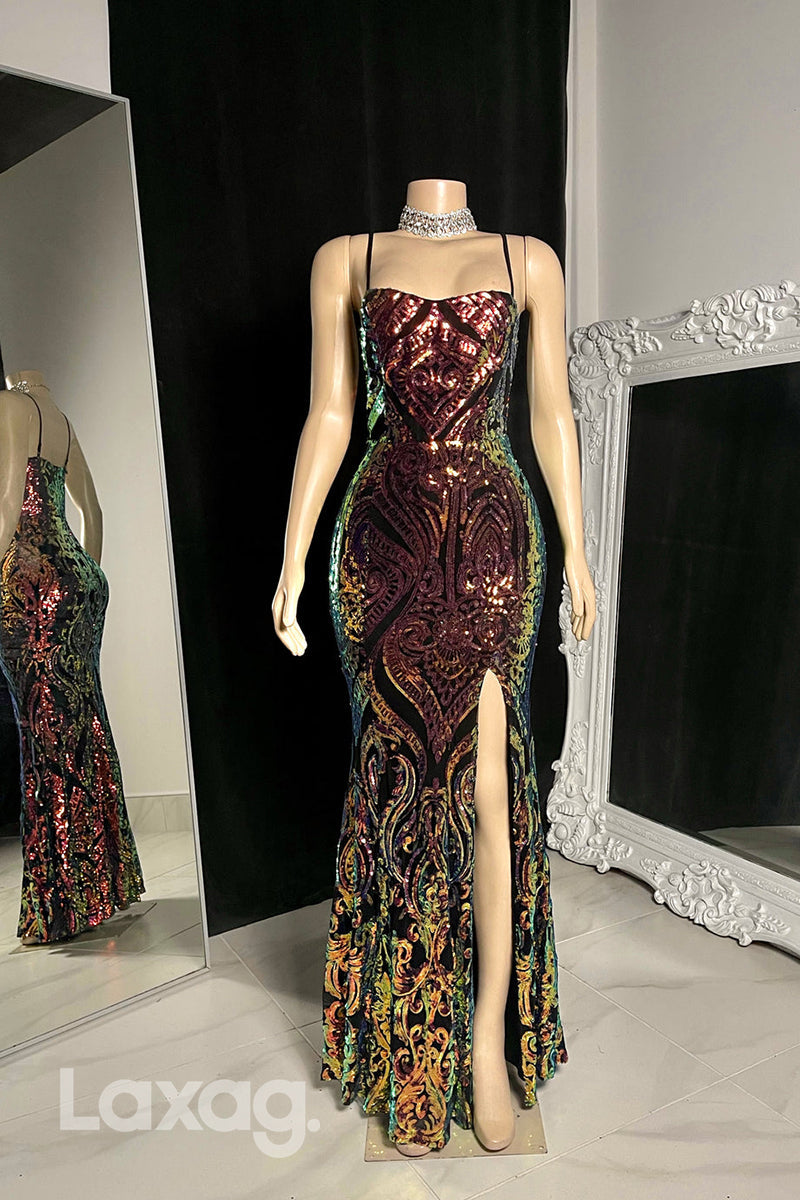 22582 - Spaghetti Straps Sequins High Slit Mermaid Prom Dresses for Black Girl Slay - Fashionpara