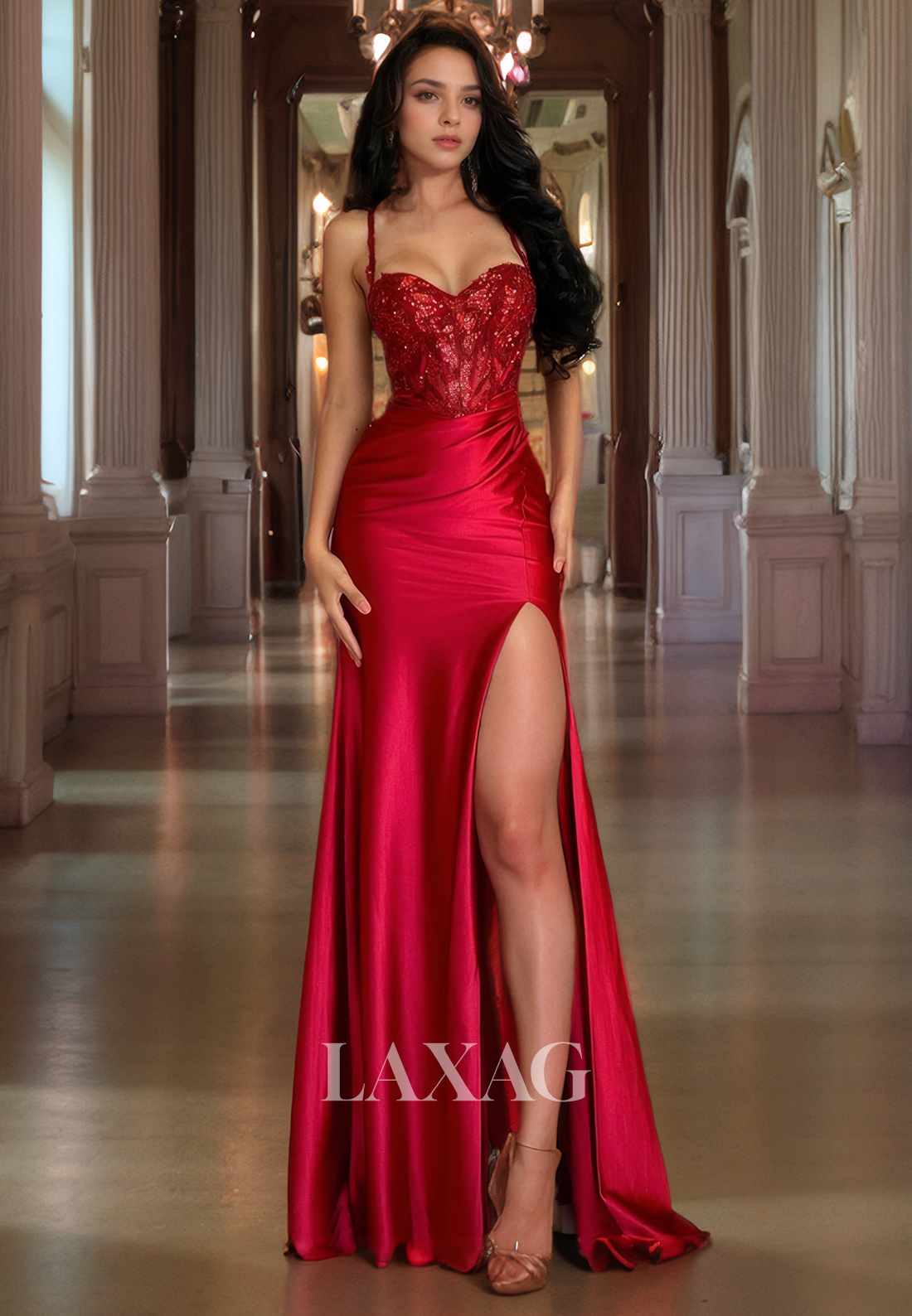 Spaghetti Straps Sequins High Slit Sleek Satin Party Prom Formal Evening Dress - Fashionpara