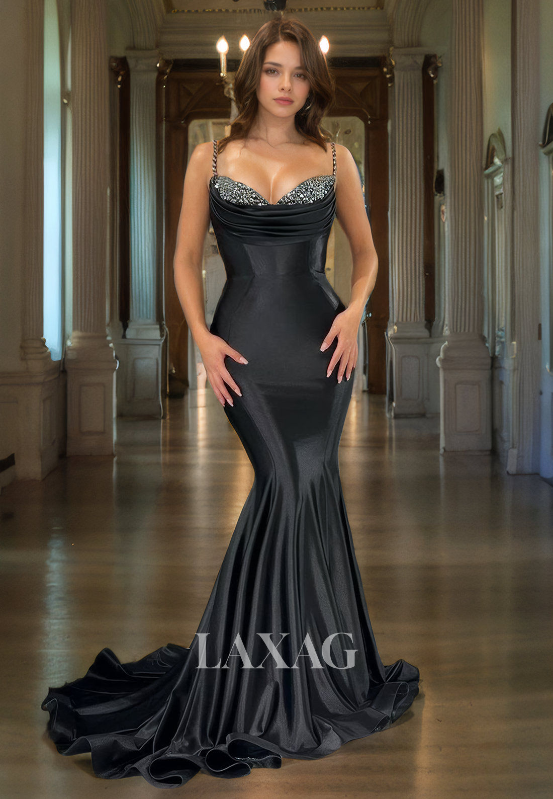 Spaghetti Straps Sequins Sleek Satin Mermaid Party Prom Formal Evening Dress - Fashionpara