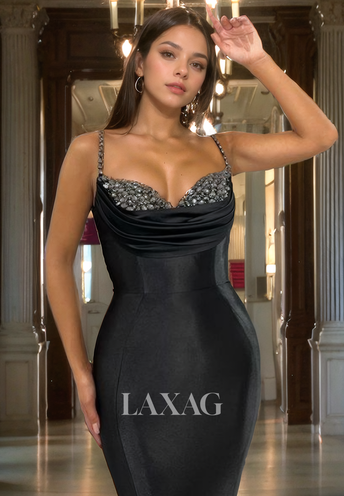 Spaghetti Straps Sequins Sleek Satin Mermaid Party Prom Formal Evening Dress - Fashionpara