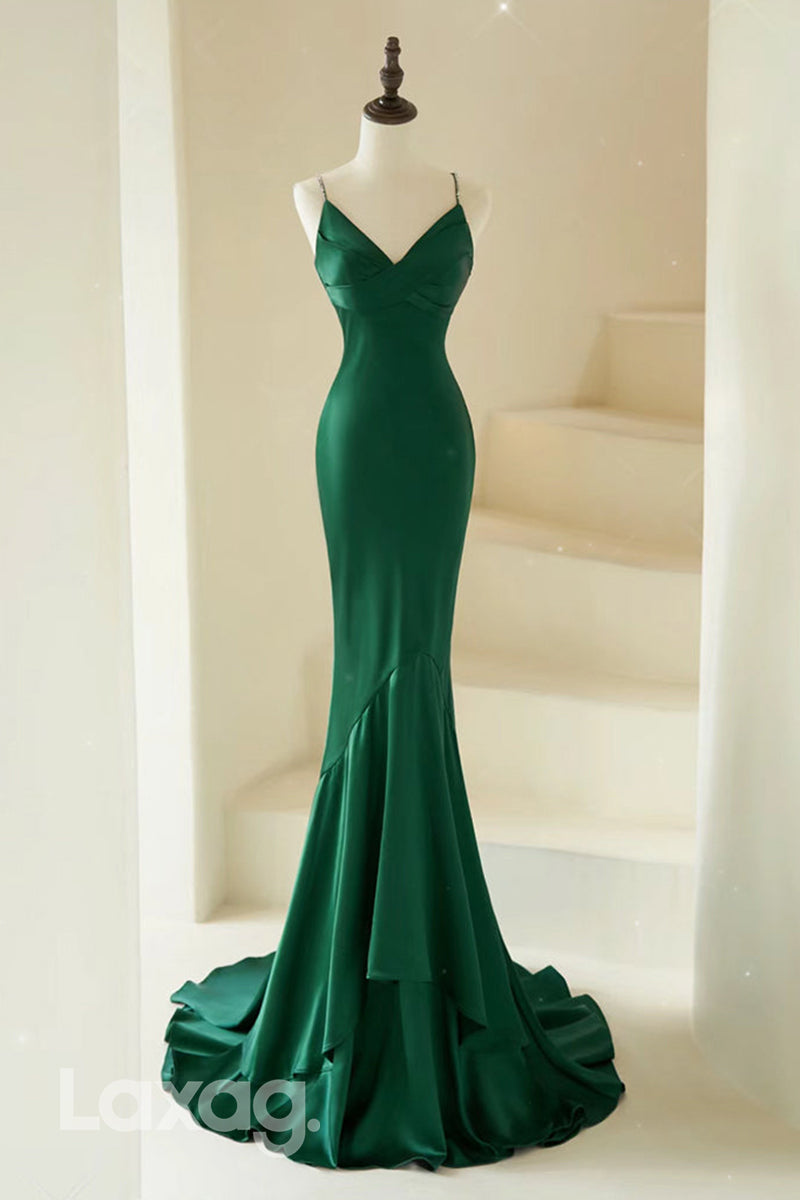 22439 - Spaghetti Straps Sleek Satin Mermaid Party Prom Formal Evening Dress - Fashionpara